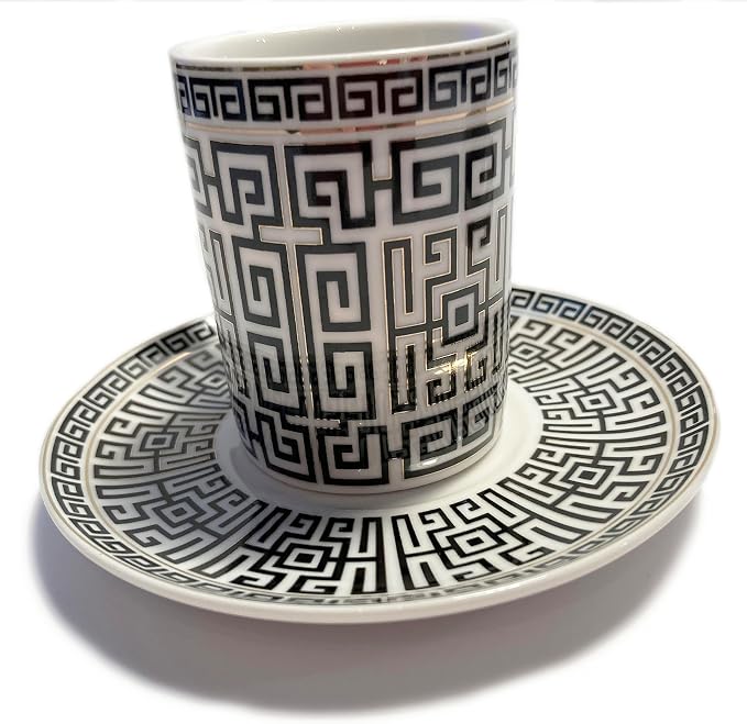 Mazeology Espresso Cups Greek Key Design Bone China 2 Sets Cups and Saucers Black and White with Gold Accents