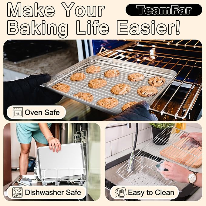 TeamFar Baking Sheet with Rack Set (3 Pans + 3 Racks), 19.6/16/12.5 Inch Stainless Steel Cookie Sheets Baking Pans Trays and Cooling Racks for Cooking Roasting, Non-Toxic & Heavy Duty, Dishwasher Safe