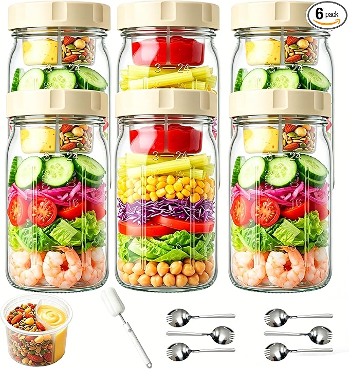 6 Pack Glass Salad Jars with Lids Meal Prep, 32oz Meal Prep Glass Salad Jars with 6 Stainless Steel Forks Wet/Dry Dressing Cups for Home, Office and Outdoor, 32oz Mason Jars