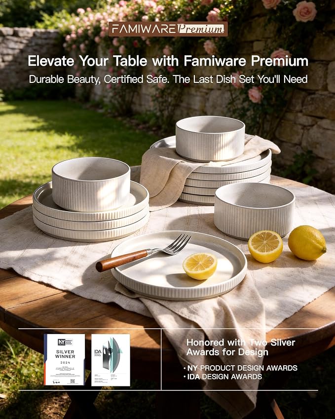 8-Piece Ceramic Plates and Bowls Sets for 4, Matte White | Handcrafted reactive glaze stoneware dinnerware. Chip & scratch resistant. Microwave & dishwasher safe. Everyday/formal use.