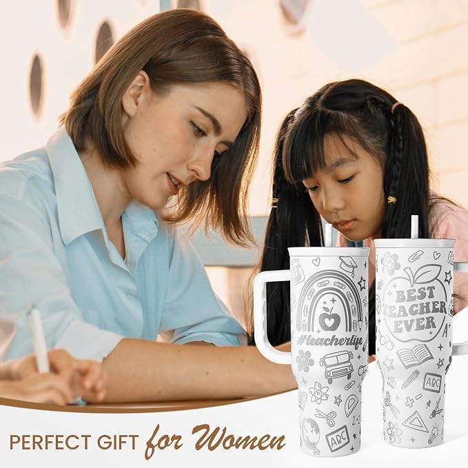 Best Teacher Ever Tumbler 40oz, Stainless Steel Insulated Coffee Travel Cups with Handle, Teacher Appreciation Gifts for Women, Teachers Gift for Valentines Farewell Birthday Christmas Teacher's Day