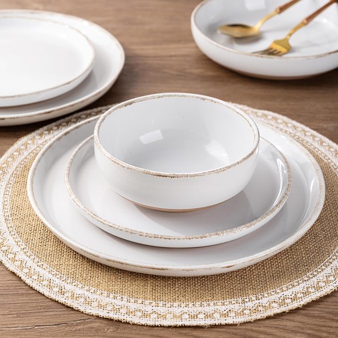 AmorArc Ceramic Dinnerware Sets for 4, 12 Pieces Handpainted Plates and Bowls Set with Rustic Terracotta Underside, Scratch Resistant Stoneware Dishes Set, Dishwasher & Microwave Safe, White