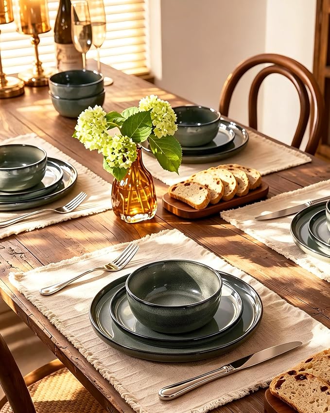 Famiware Milkyway Stoneware Dinnerware Set, 24-Piece, Double Reactive Glaze, Plates and Bowls, Service for 8, Microwave and Dishwasher Safe, Scratch-Resistant, Greenish Brown