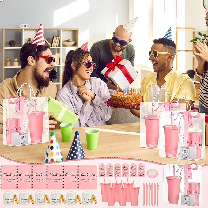Nuogo 6 Sets New Parent Shower Prizes for Player Winners Adult, Wedding Bridal Shower Gift, Plastic Tumbler Notebook Scented Candle Ballpoint Pen Bag (Pink Color,Classic Style)