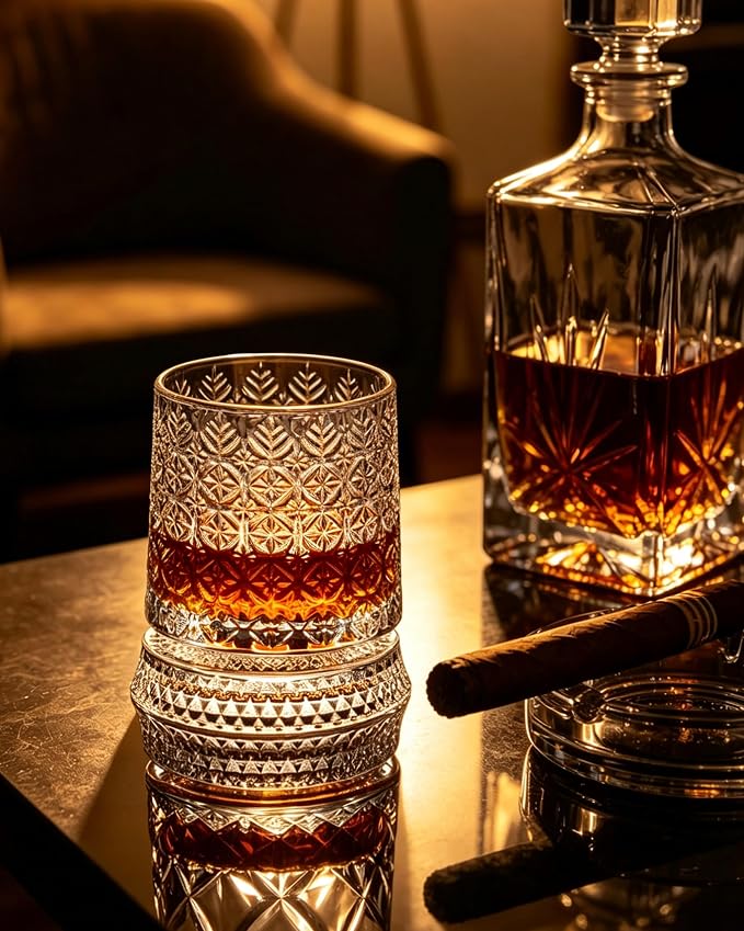CEEFU Old Fashioned Whiskey Glasses with 360° Rotating Base, Set of 2 (2 Crystal Glasses Set, 2 Big Ice Ball Molds) In Gift Box - Bourbon, Cocktail, Rocks, Bday Gifts Ideas for Men, Snowflake Pattern