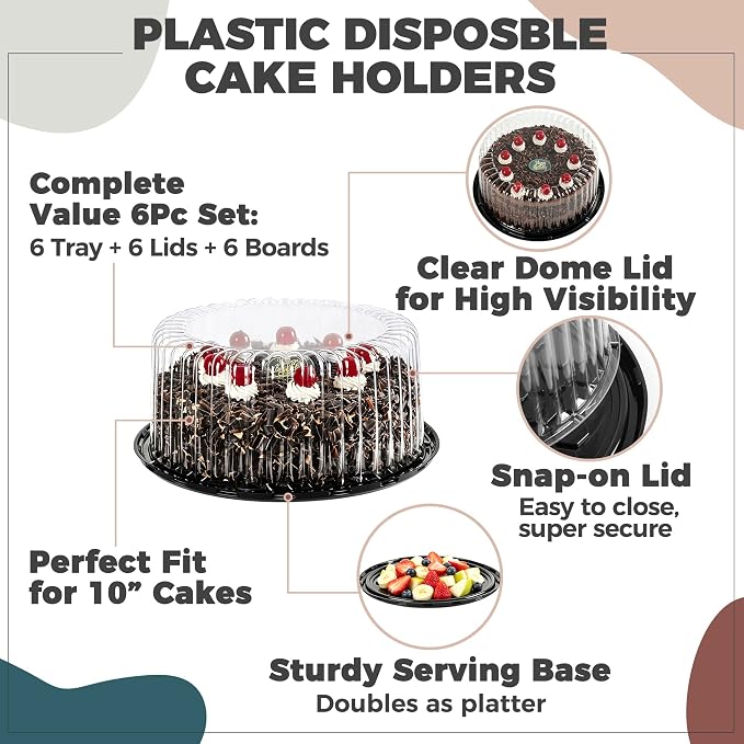 6-Pack Cake Carrier Holder Container for 10 Inch Round Cakes - Plastic Disposable Cake Containers, Take Out Storage w/Clear Dome Lids, Black Base Serving Trays, White Cake Boards, 12 x 5 Inches