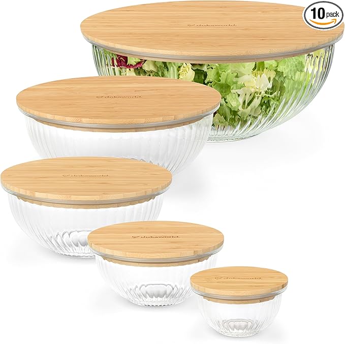 Stackable Space-Saving Set of 5 Nesting Glass Bowls with Bamboo Lids for Foodprep, Storage, Baking, Mixing & Cooking, Microwave & Oven Safe BPA Free Heat Resistant Inert Borosilicate Glass