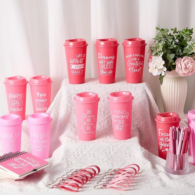 Skylety 12 Sets/48 Pcs Employee Appreciation Gifts 16oz Inspirational Plastic Cups Spiral Notebooks Ballpoint Pens Keychains Bulk Thank You Cup for Employee Coworker (Gradient Pink)