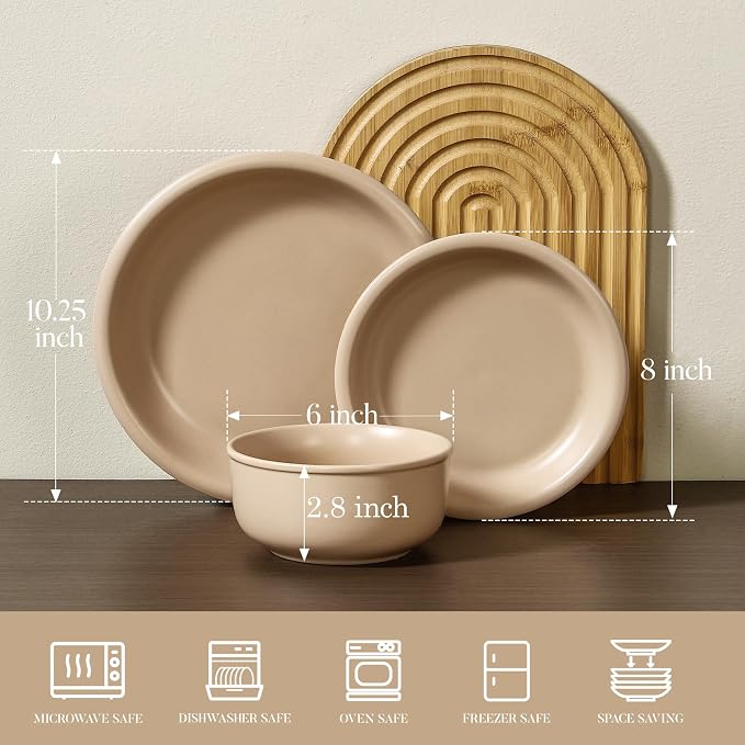 GZG Vintage Series - Ceramic Dinnerware Set for 2, 6 Pieces Stoneware Plates and Bowls Set, Lead-Free, Handcrafted Dishes Set, Microwave & Dishwasher Safe - Warm Apricot