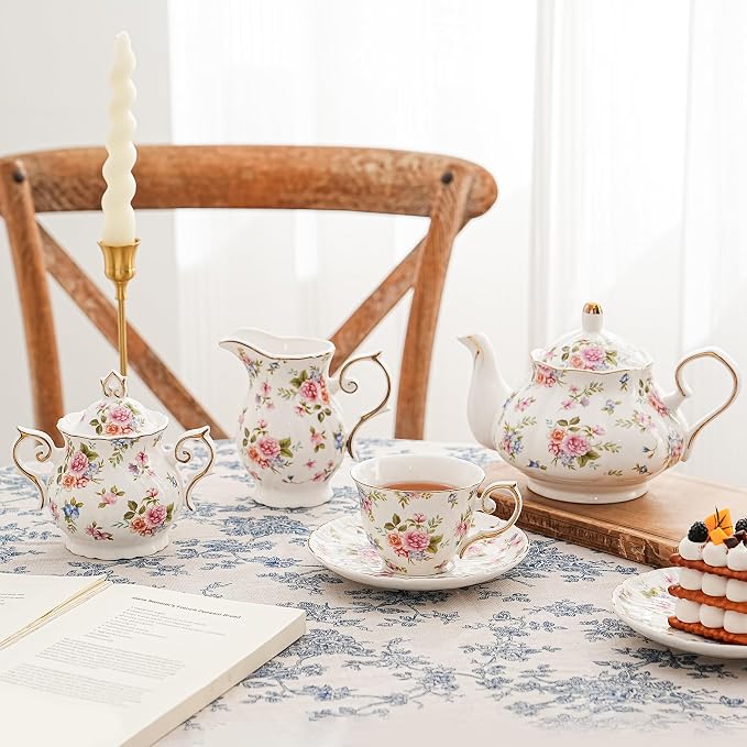 Agyiuns tea cups and saucers ceramic coffee mug 6oz for Coffee, Latte, Cafe Mocha and Tea-Set of 4, white with flowers