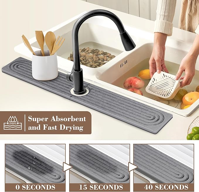 Faucet Mat for Kitchen Sink Diatomite Fast Drying Stone Sink Tray Absorbent Mat Faucet Splash Guard for Kitchen Sink and Bathroom Counter