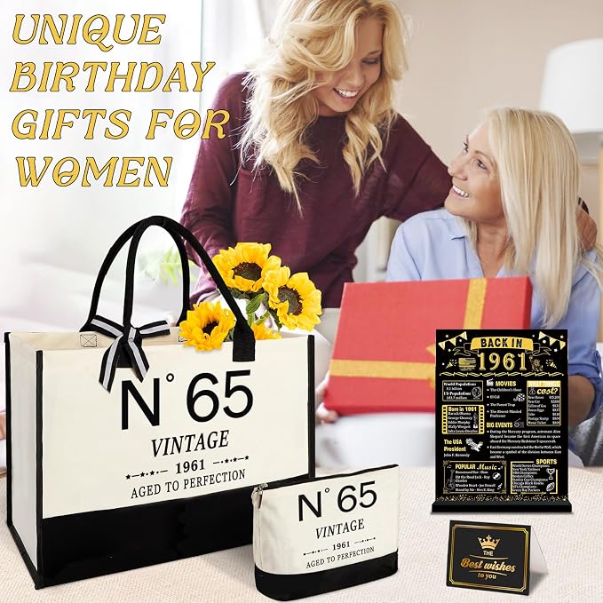 YeohJoy 65th Birthday Gifts for Women Canvas Tote Bag Travel Gear,Unique 65 Years Old Gifts for Wife Mom Sister Aunt Friends Her, Vintage N°65 Handbag & Cosmetic Bag & Back in 1961 Poster