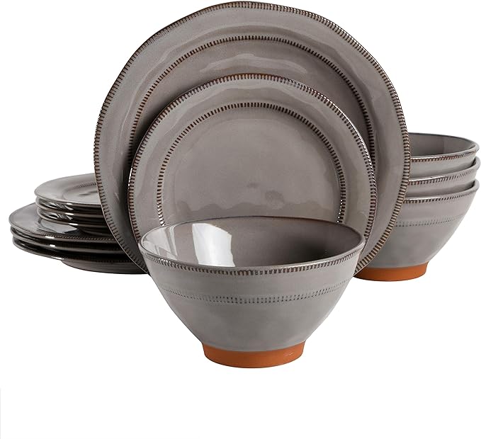 Gibson Elite Terranea Round Reactive Glaze Terra Cotta Dinnerware Set, Service for Four (12pcs), Grey