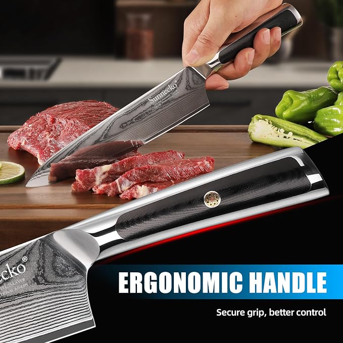 Sunnecko Damascus Kitchen Knife Set 4 Piece, Sharp Chef Knife Set with Kitchen Scissors, Professional Kitchen Knives Sets Full Tang with Gift Box