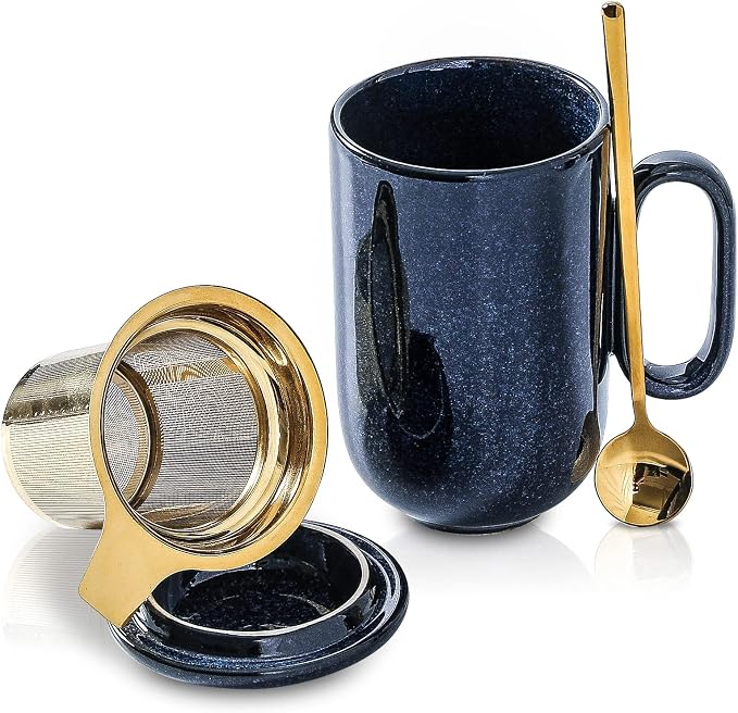 Ceramic Tea Cup Mug Infuser - VICRAYS Large 16 oz Hot Loose Steeping Handle Teacup with Leaf Infuser Spoon Lid - Blue Tall Glazed Strainer Coffee Mug Microwave Safe - Blue