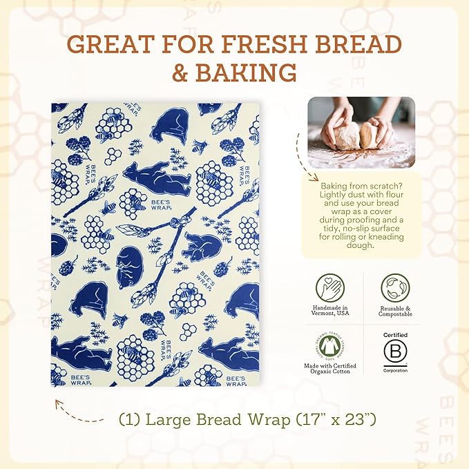 Bee's Wrap Beeswax Wraps for Bread - Beeswax Bread Wrap for Sourdough & Bread Storage - Plastic Free Made in USA Reusable Natural Food Wrap - Bees & Bears