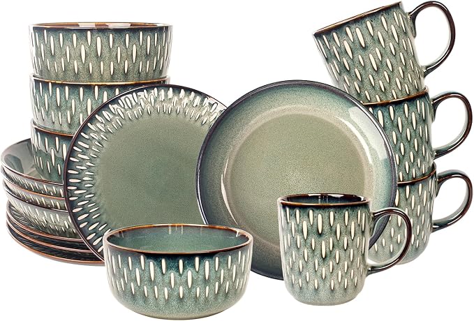 Dinnerware Sets 16 Pieces - Round Reactive Glaze Tableware - Kitchen Dinnerware Porcelain Crockery with Dinner Plate, Bowl and Soup Plate Service for 4, Microwave Dishwasher Safe, Set No.4