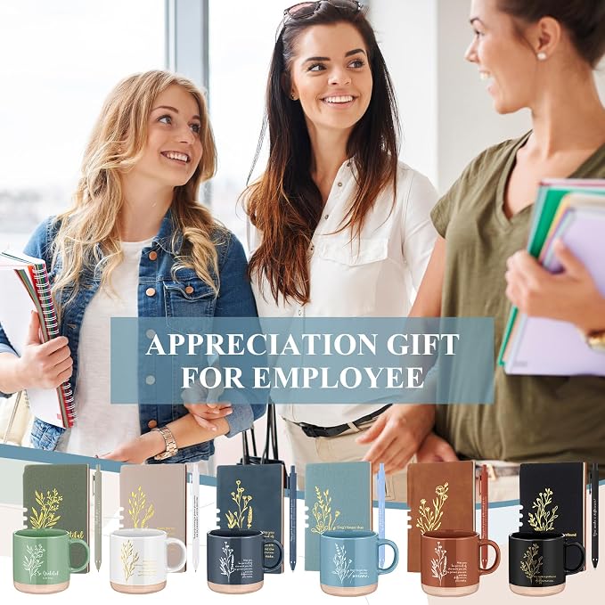 Didaey 6 Sets Employee Appreciation Gifts Set 13oz Boho Floral Ceramics Coffee Mugs with A6 Leather Notebooks Ballpoint Pens Bulk Office Thank You Gift for Coworkers Staff Team Nurse