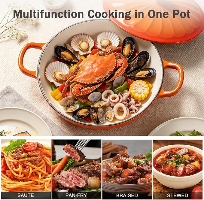 Enameled Cast Iron Dutch Oven, 3.8 Quart Dutch Oven Pot with Lid, Shallow Cast Iron Braiser with Handles, Oven Safe up to 500°F (Orange)