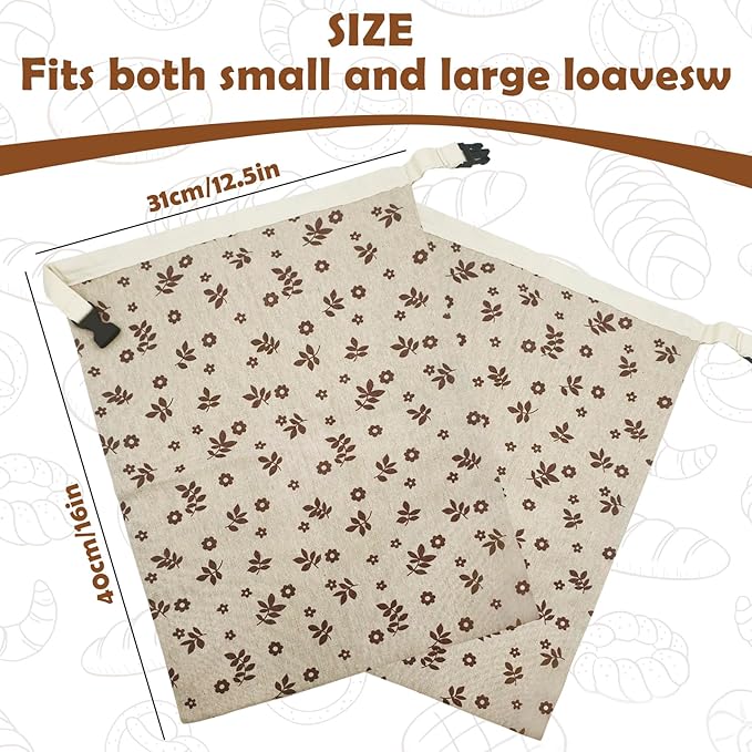 Reusable Beeswax Bread Bags(2ea), FDA Listed Plastic-Free Food Storage Bags, Zipper Closure, Flax Fabric, Moisture Proof, for Bread Toast Ciabatta (Brown Leaf)