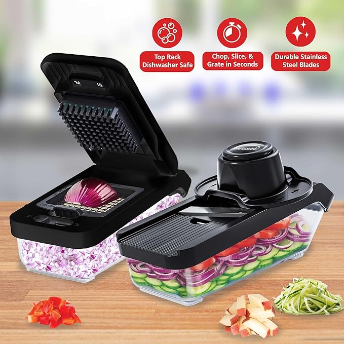 Brentwood All-in-One Food & Vegetable Chopper, Mandoline Slicer, and Cheese Grater with 4.25-Cup Storage Container and 8 Interchangeable Stainless Steel Blades (Black)