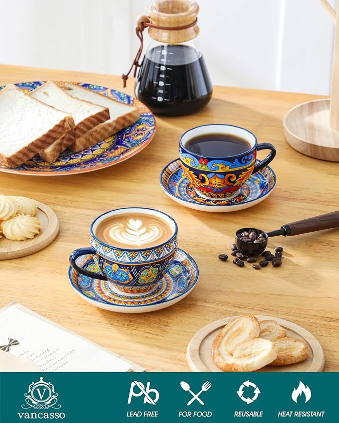 vancasso 8oz Cappuccino Cups with Saucers, Bohemian Coffee Cup for Latte, Espresso, Tea Porcelain Tea Cups and Saucers Set of 6 Teacup Microwave & Dishwasher Safe