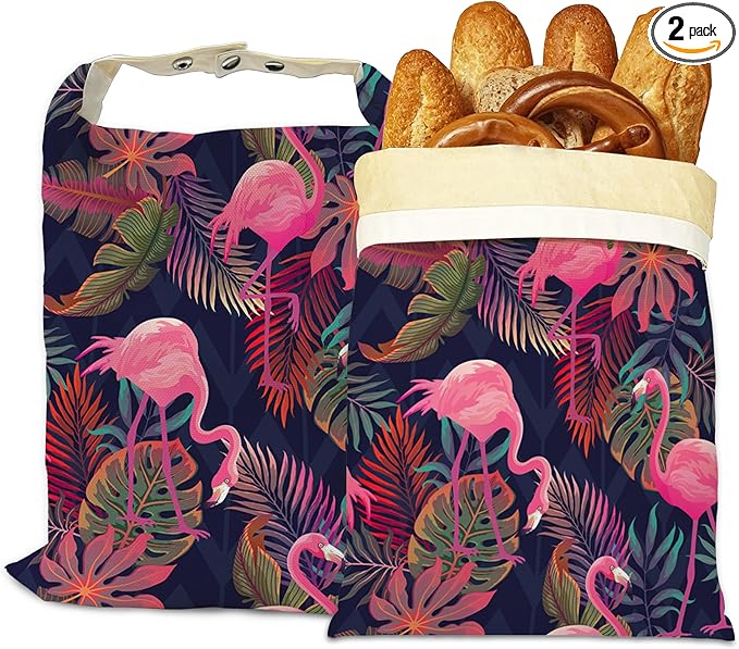 Bread Bags for Homemade Bread, Pink Flamingo Tropical 2 Pack Linen and Beeswax Sourdough Storage Bags, Reusable Keeper, Keeps Breads Fresh Longer, Gifts for Bakers