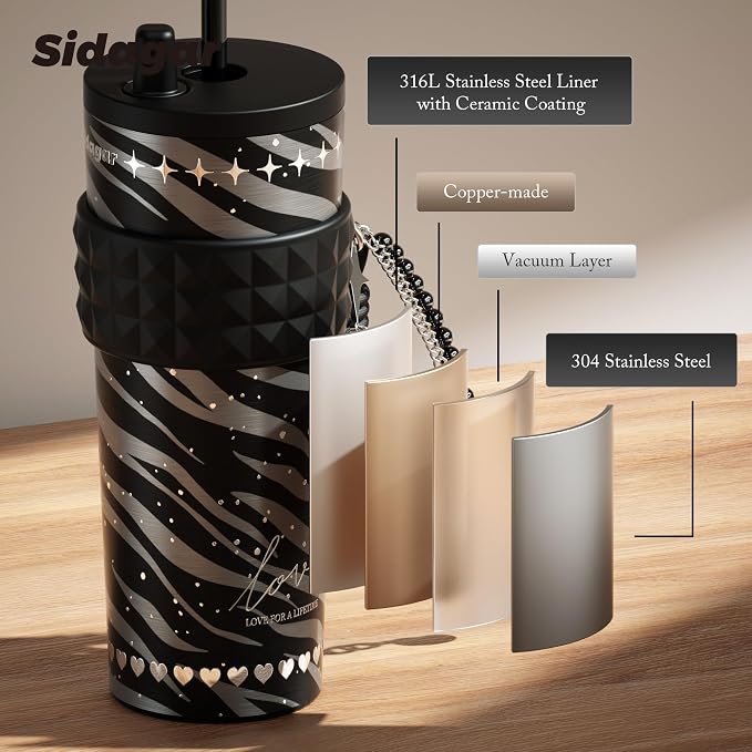 24 oz Stainless Steel Tumbler with Lid and Straw, Insulated Coffee Mug, Leak Proof, Portable Iced Travel Water Bottle, Reusable Thermal Coffee Cup Gift for Women, Black