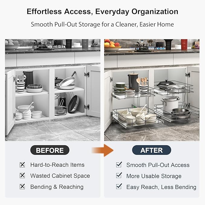 2 Tier Pull Out Cabinet Organizer - 8" W x 22" D Soft Close Slide Out Shelves with Shelf Liners - Pullout Drawers for Kitchen Cabinets, Pantry, Bathroom, Heavy Duty Steel Wire Baskets