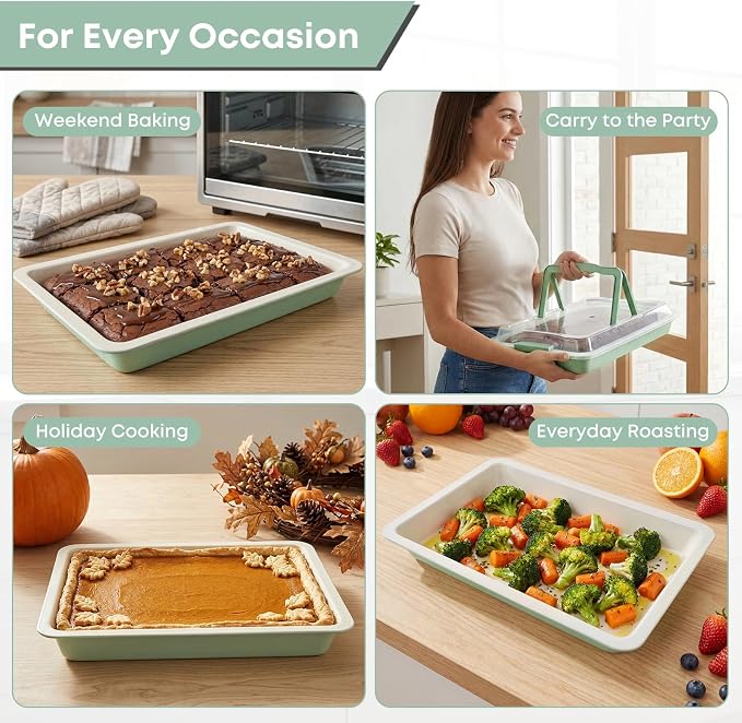 Jelly Roll Pan with Lid, 16.9"x12" Nonstick Sheet Cake Pan, 2" Deep, Snap-Lock Lid for Potluck, PFOA-Free, Oven Safe 450°F, Mint Green