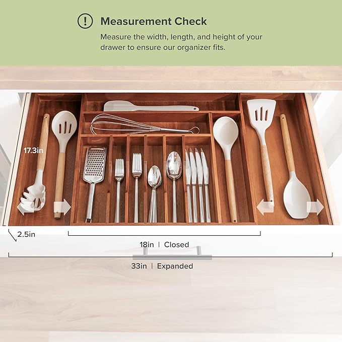 KitchenEdge Premium Silverware, Flatware and Utensil Organizer for Kitchen Drawers, Food-Safe Contract Grade, Expandable from 18 to 33 In, Natural Acacia