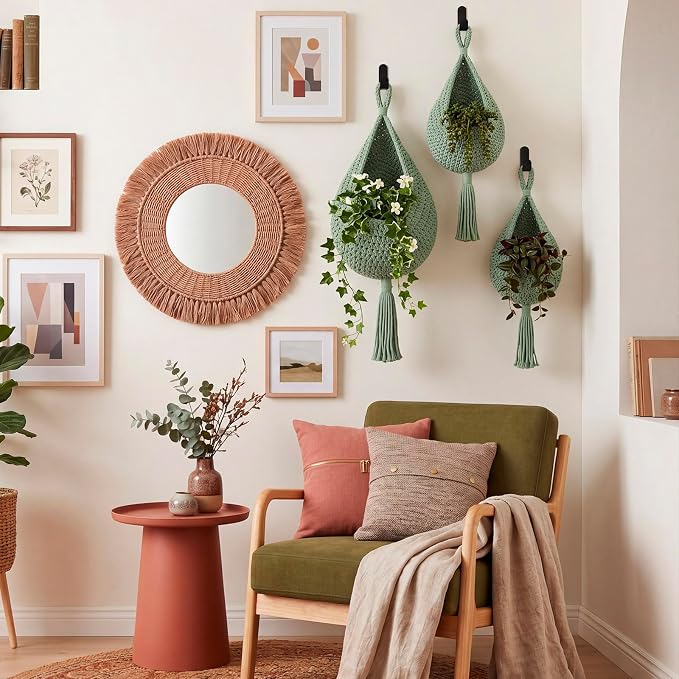 Honeydak Boho Decor Hanging Wall Baskets for Kitchen 3 Pack Teardrop Baskets with Hooks Storage Fruit Onion Vegetable Potato for Home 3 Sizes (Sage Green,Tassel,Cotton Rope)