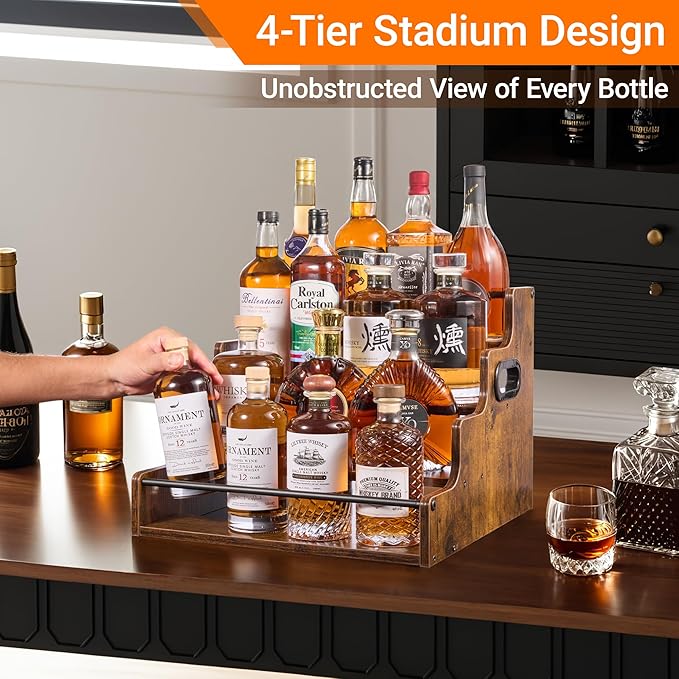 YQBRAO 4-Tier Tiered Liquor Bottle Display Shelf - 16-Inch Rustic Wood Liquor Rack & Coffee Syrup Organizer - Heavy-Duty Countertop Spice Rack with Guardrails & Handles for Bar, Kitchen, Office