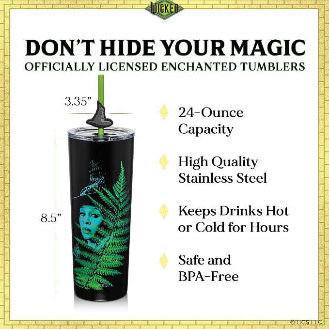 Dragon Glassware x Wicked: For Good 2-Pack 24 oz Vacuum Insulated Tumbler with Lid and Straw - Set of 2 Tumblers with 4 Straws and Toppers - Official Wicked Merch - For Good