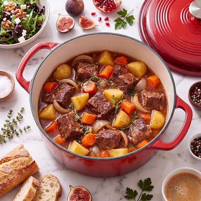 DUMOS Cast Iron Dutch Oven, 6 Quart Pot with Lid, Enameled Heavy Duty Cookware, Oven Safe to 500°F, Perfect for Bread Baking, Braising, Stews and Roasting, Moisture Sealing Lid with Dual Handles, Gradient Red