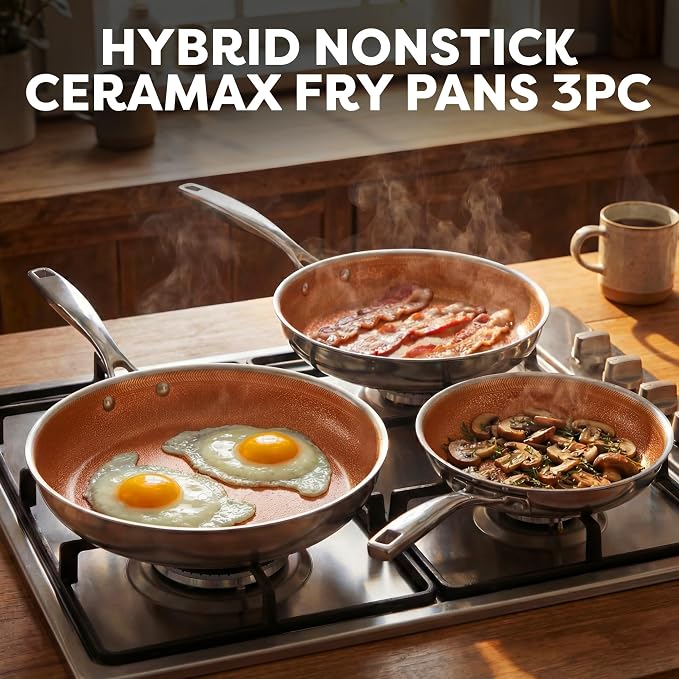 CERAMAX Gotham Steel Hybrid 3pc Stainless Steel Non Stick Frying Pans Set, 8 10 12 inch Ceramic Frying Pan Skillet Set, Induction Ready, Made without PFAS & PFOA, Oven and Dishwasher Safe - Copper