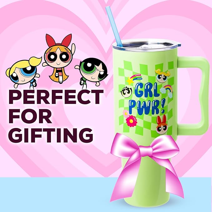 Silver Buffalo The Powerpuff Girls Girl Power Groovy Retro Featuring Blossom, Bubbles, and Buttercup Double Walled Stainless Steel Tumbler with Handle and Straw, Fits in Standard Cup Holder, 40 Ounces