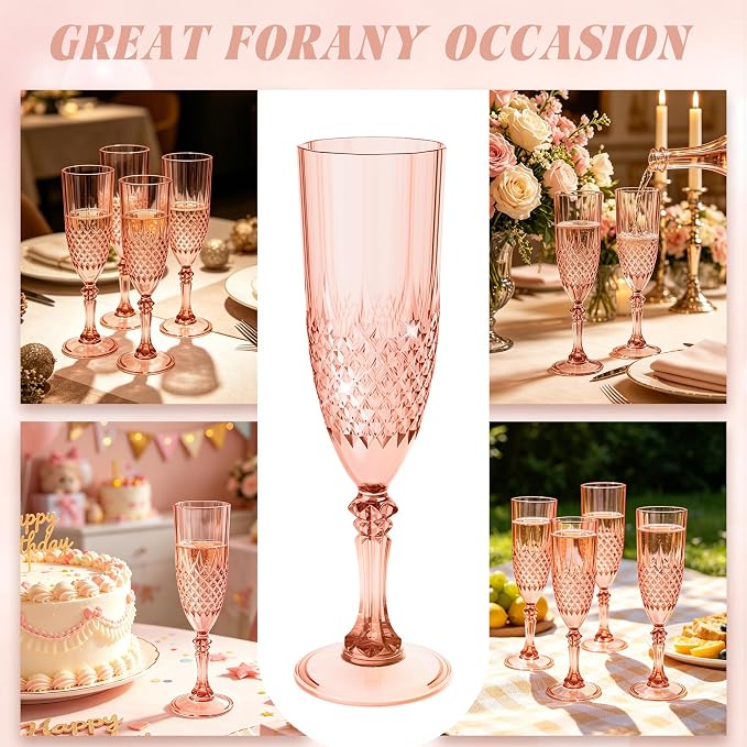 Plastic Champagne Flutes, Champagne Glasses Bulk, Reusable Unbreakable Acrylic Wine Glasses Goblets for Weddings Bachelor Parties Toasting Bridal Shower (24, Rose Gold)