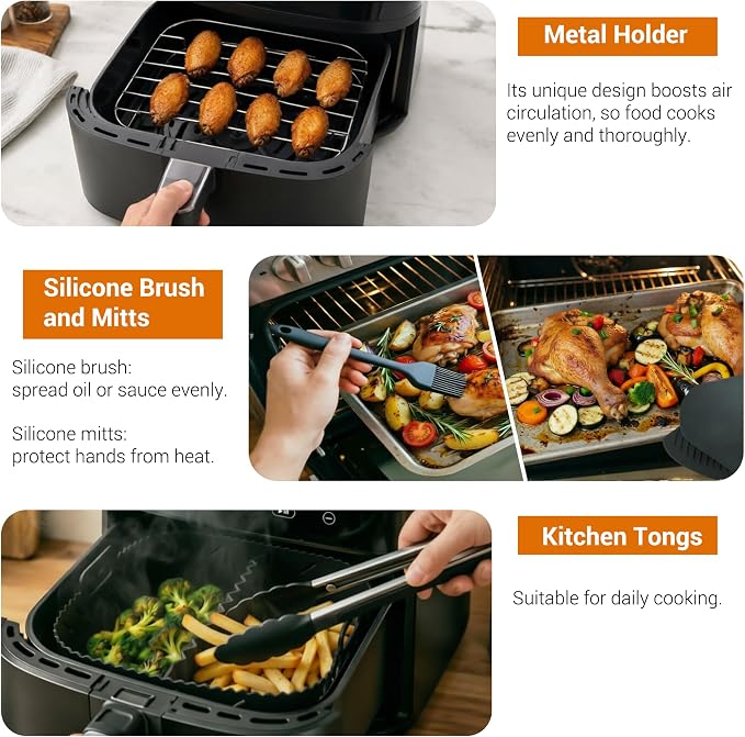Air Fryer Accessories 8-Piece Set, Silicone Liners with Metal Rack, Skewers, Tongs & Gloves for 6QT Square Basket Air Fryer, Dishwasher Safe