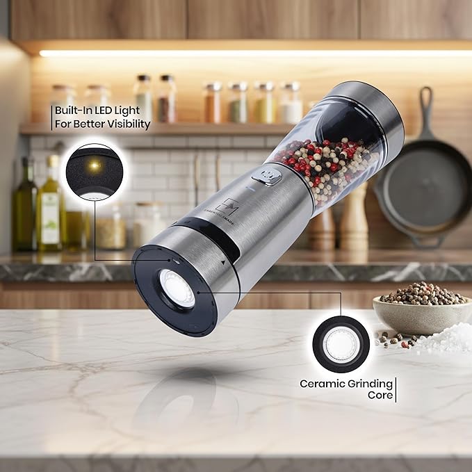 Electric Salt and Pepper Grinder Set – Rechargeable Stainless Steel Mills – Upgraded 800mAh Battery, Large 200ml Capacity, & 5 Adjustable Coarseness Levels – Kitchen Seasoning Tools