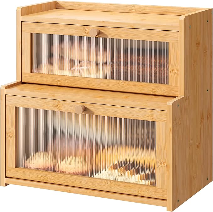 Bread Box for Kitchen Countertop Double Layer Large Corner Bread Box Capacity Bread Storage Bin Farmhouse Breadbox Container Organizer Cabinet Cupboard Nature