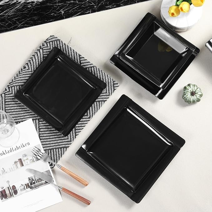 Square Melamine Dinnerware Sets of 12 Pcs,Square Plates and Bowls Sets,Unbreakable Dish Set for 4,Lightweight, Dishwasher Safe and BPA Free,Suit for RV,Camping（Black）