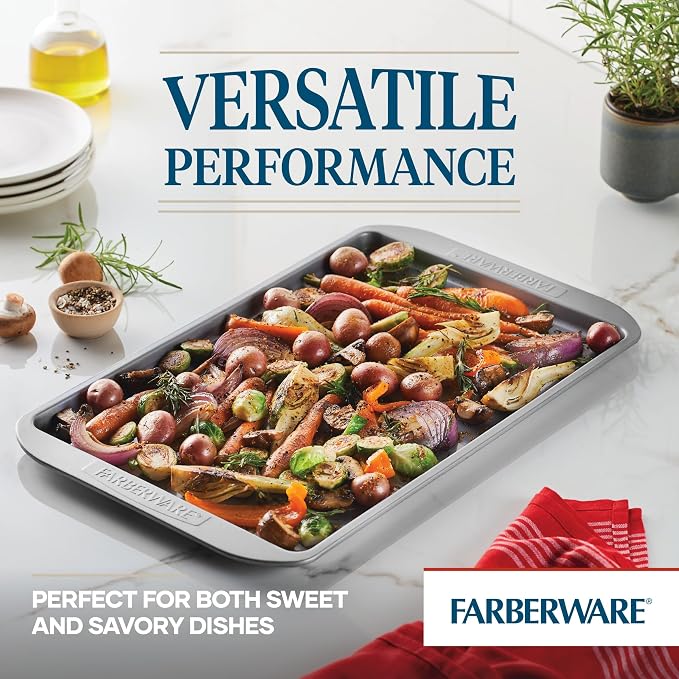 Farberware Nonstick Bakeware 11-Inch x 17-Inch Cookie Sheet Pan Set, 2-Piece, Gray