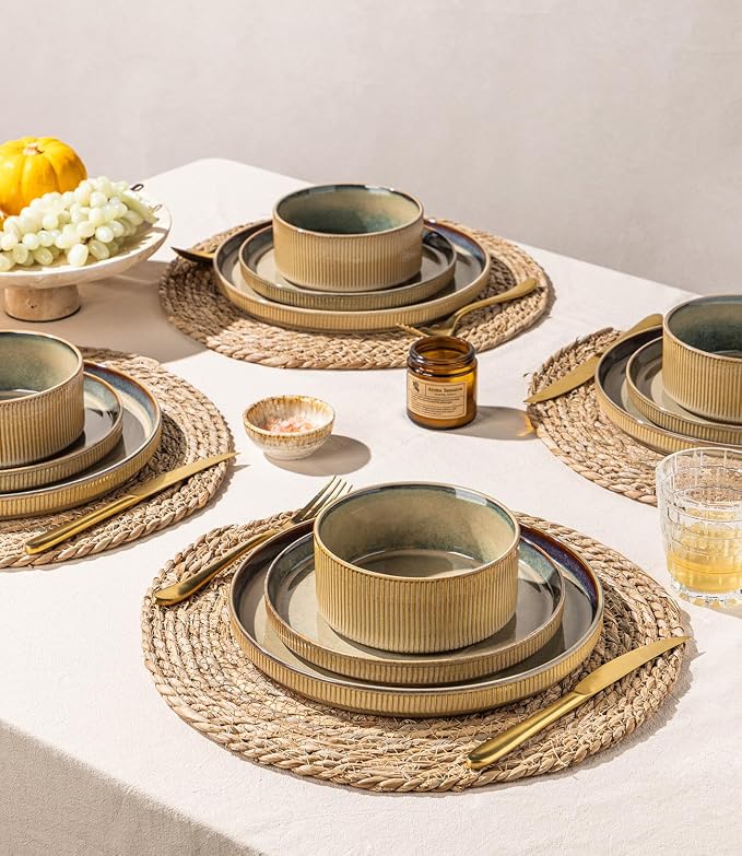 GBHOME Stoneware Dinnerware Sets for 4, 12 Pieces Lightweight Ceramic Ribbed Plates and Bowls Set, Reactive Glaze Stackable Plate Sets, Scratch Resistant Dishes, Microwave & Dishwasher Safe,Pale Khaki