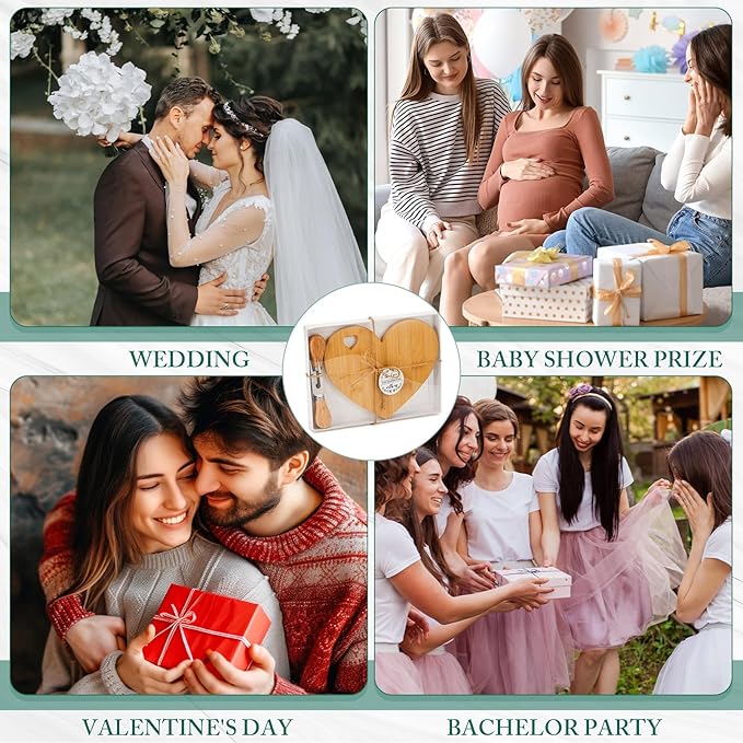 Patelai 12 Set Bridal Baby Shower Favor Heart Cheese Board with Knife, Wood Mini Charcuterie Board Thank You Gift Box for Guest Bridal Baby Shower Prize Wedding Valentines Birthday (Bamboo Color)