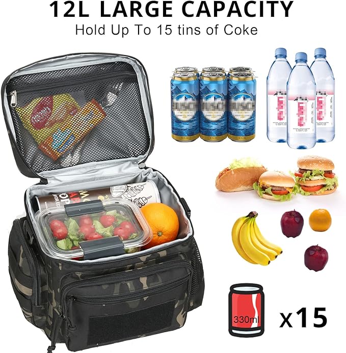 ATRIPACK Lunch Box for Men, Tactical Lunch Bag MOLLE Webbing Leakproof Insulated Large Lunch Cooler Women Adult Meal with Adjustable Shoulder Strap Durable Lunch Pail (Camo-Black)
