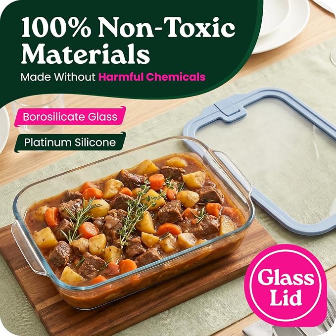 Non-Toxic Glass Baking Dish with GLASS LID, Deep Casserole Dish, Borosilicate Glass 9x13 baking pan Airtight Glass Food Container, Oven, Freezer and Microwave Safe, PLASTIC FREE