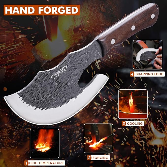 OPAYLY Butcher Meat Cutting Cleaver Knifes Hand Forged Viking Cleaver with Cover Meat Bone Kitchen Knifes High Carbon Bone Choppe for Kitchen Outdoor Camping BBQ men gifts