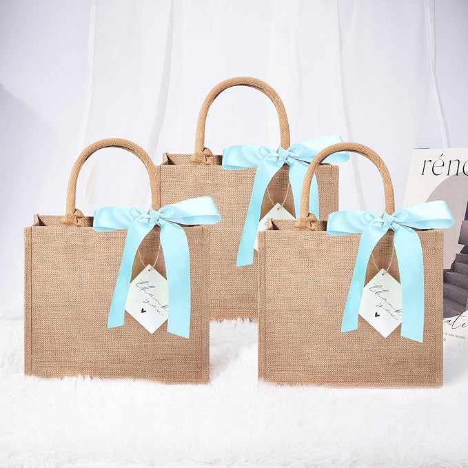 6 Pack Burlap Tote Bags with Handles Reusable Medium Jute Gift Bags with Blue Silk Ribbons Waterproof Lining for Wedding Bridesmaid Mother's Day Bachelorette Beach Party