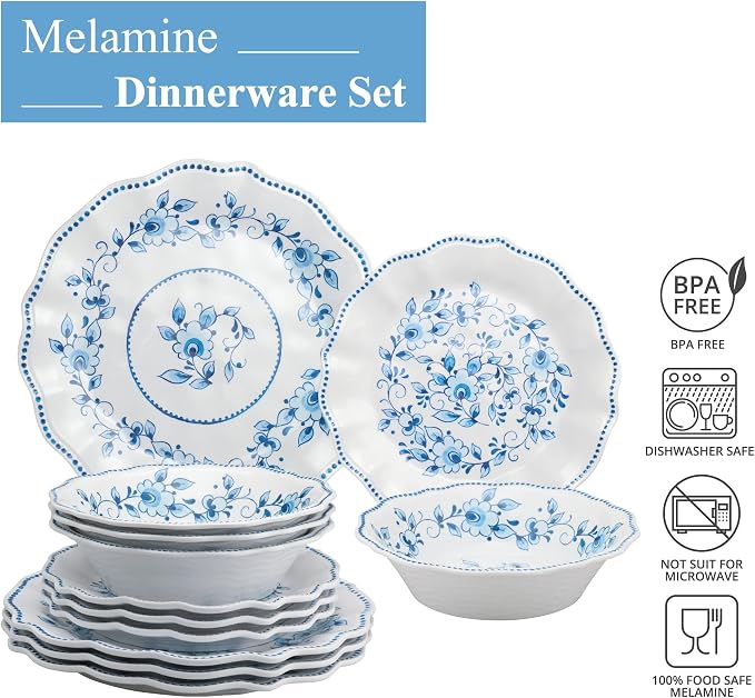 UPware 12 Piece Blue and White Floral Melamine Dinnerware Sets, Outdoor Dishes Set, Plates and Bowls Sets, Service for 4, Blue